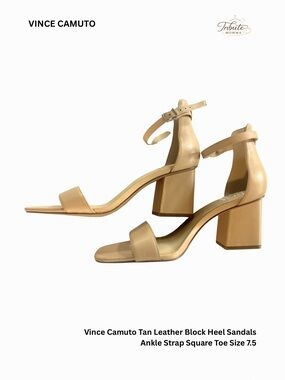 Vince Camuto Tan Leather Block Heel Sandals Ankle Strap Square Toe Size 7.5